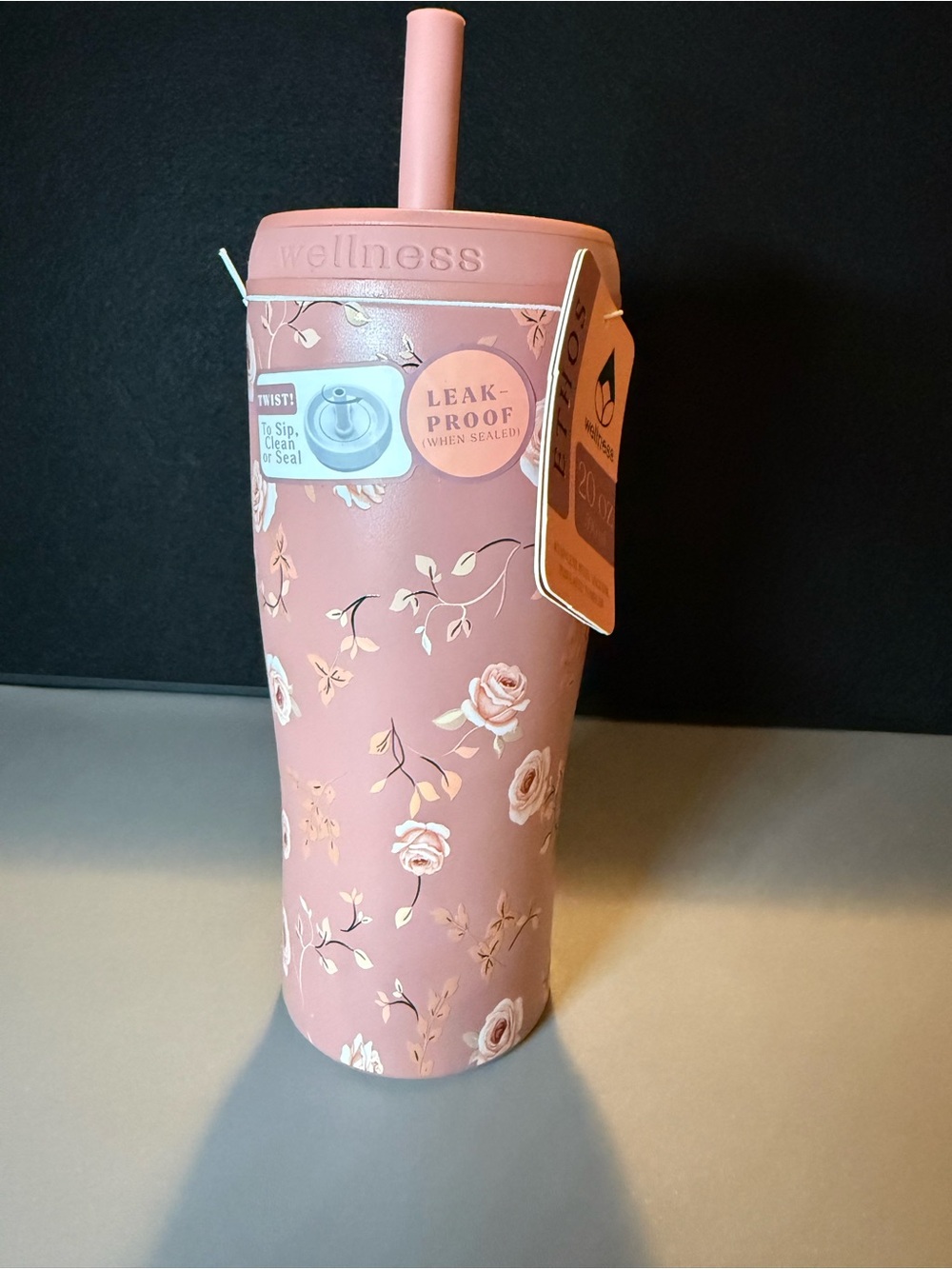 NEW Ethos Wellness 20oz Pink Floral Stainless Steel Tumbler w/ Straw